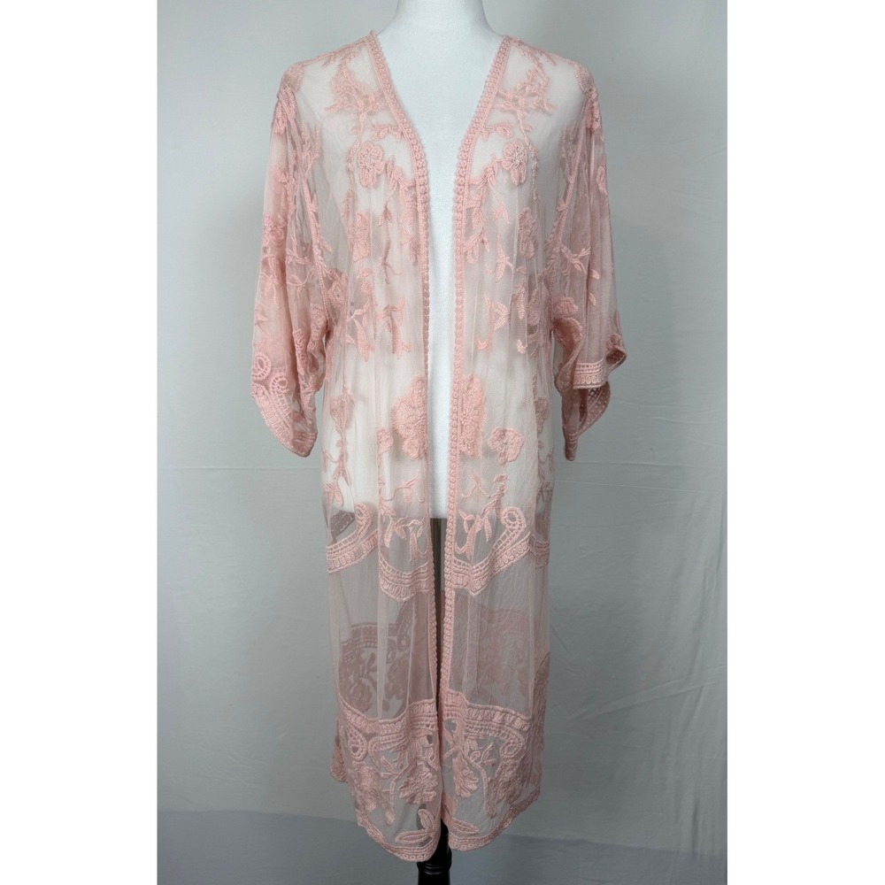 Dizzy Gal‎ Women's Kimono Duster Romantic Size S Embroidered Mesh Sheer Coverup